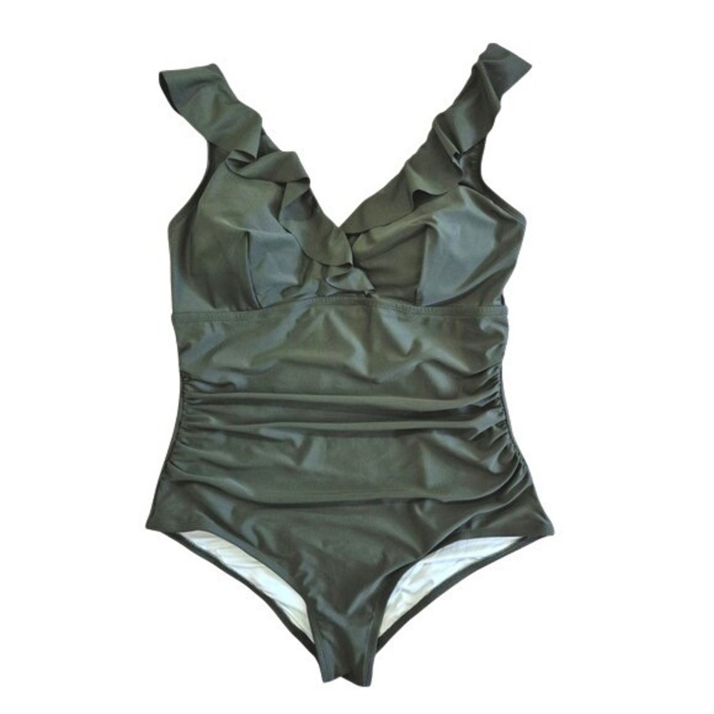 Cupshe Olive Green Ruffle V-Neck Ruched One Piece Swimsuit 1X NWT - Picture 3 of 9